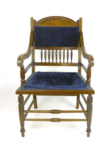 An Edwardian mahogany, rosewood marquetry and ivorine line inlaid open arm chair,