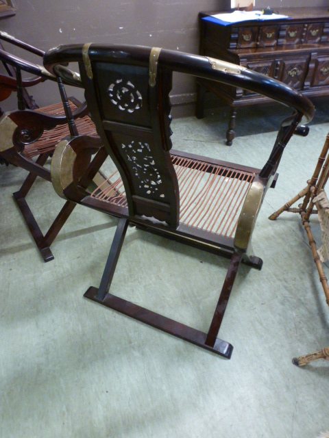 A pair of Chinese padouk and brass mounted folding chairs, - Image 4 of 6