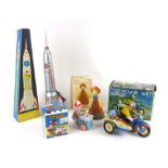 A boxed Hungarian tinplate friction driven Holdraketa rocket with tinplate body,
