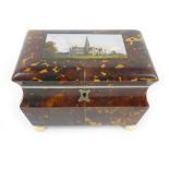 An early 19th century tortoise shell, ivory and pewter sarcophagus shaped tea caddy,