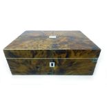 A late 19th century tortoiseshell and ivory edged sewing box with green satin fitted interior, h.