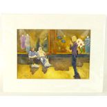 Canever (20th century), a pair of gentleman seated on a bench outside a shop window, signed,