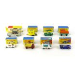 Five boxed Matchbox vehicles numbers 70 Grit spreading truck, 2 Mercedes trailer, 8 Ford Mustang,