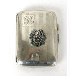 A silver hallmarked cigarette case, bearing Cameronians regimental crest to front, Birmingham 1926,