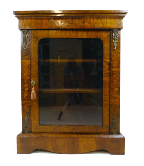 A Victorian walnut, marquerty, line inlaid and gilt brass mounted pier cabinet,