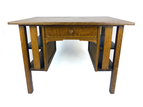 An early 20th century quarter sawn oak kneehole desk by Stickley Brothers Furniture Company of - Image 2 of 3