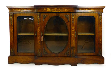 A Victorian walnut, marquetry, line inlaid and gilt brass mounted breakfront display cabinet,