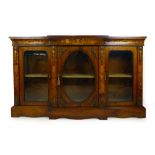 A Victorian walnut, marquetry, line inlaid and gilt brass mounted breakfront display cabinet,