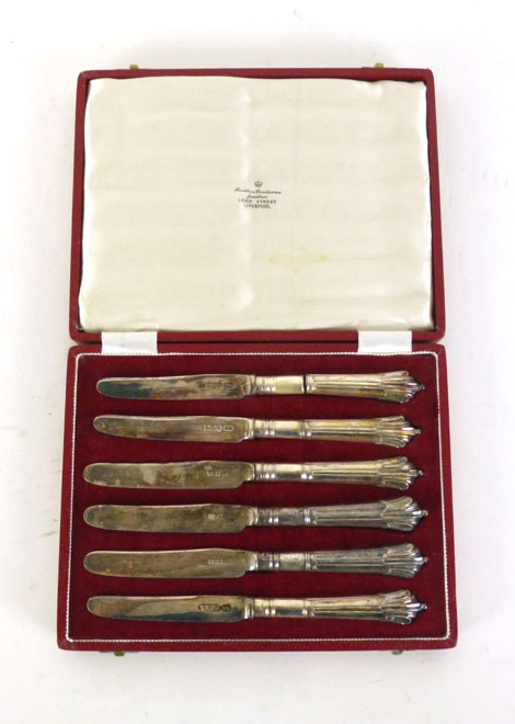 A cased set of six silver hallmarked knives, Sheffield various dates, weight approx.
