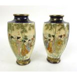 A pair of Japanese Satsuma ware vases, with hand painted geisha scenes on a blue and gilt ground, h.