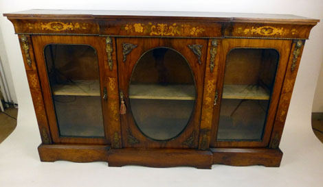 A Victorian walnut, marquetry, line inlaid and gilt brass mounted breakfront display cabinet, - Image 2 of 3