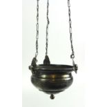 A pair of white metal sanctuary lamps with scroll boarders and cherub hanging plates (2)