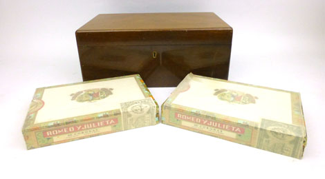 A mid 20th century walnut humidor along with two boxes of twenty five Romeo Y Julieta cigars. h. 14.