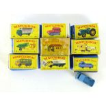 A group of nine Matchbox models consisting: 4-State truck 25-BP tanker 35-snow-trac 43-pony
