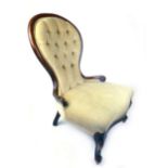 A Victorian mahogany bedroom chair with beige cut fabric button back upholstery on cabriole legs. h.