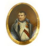 A reproduction ovoid hand painted plaque depicting portrait of Napoleon in National Guard uniform,