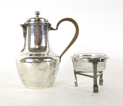 A French white metal hot water pot with bound handle together with a French white metal stand with