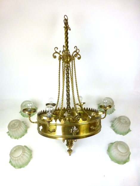 A late 19th century brass Gothic style six branch chandelier having six green etched glass shades, - Image 2 of 2