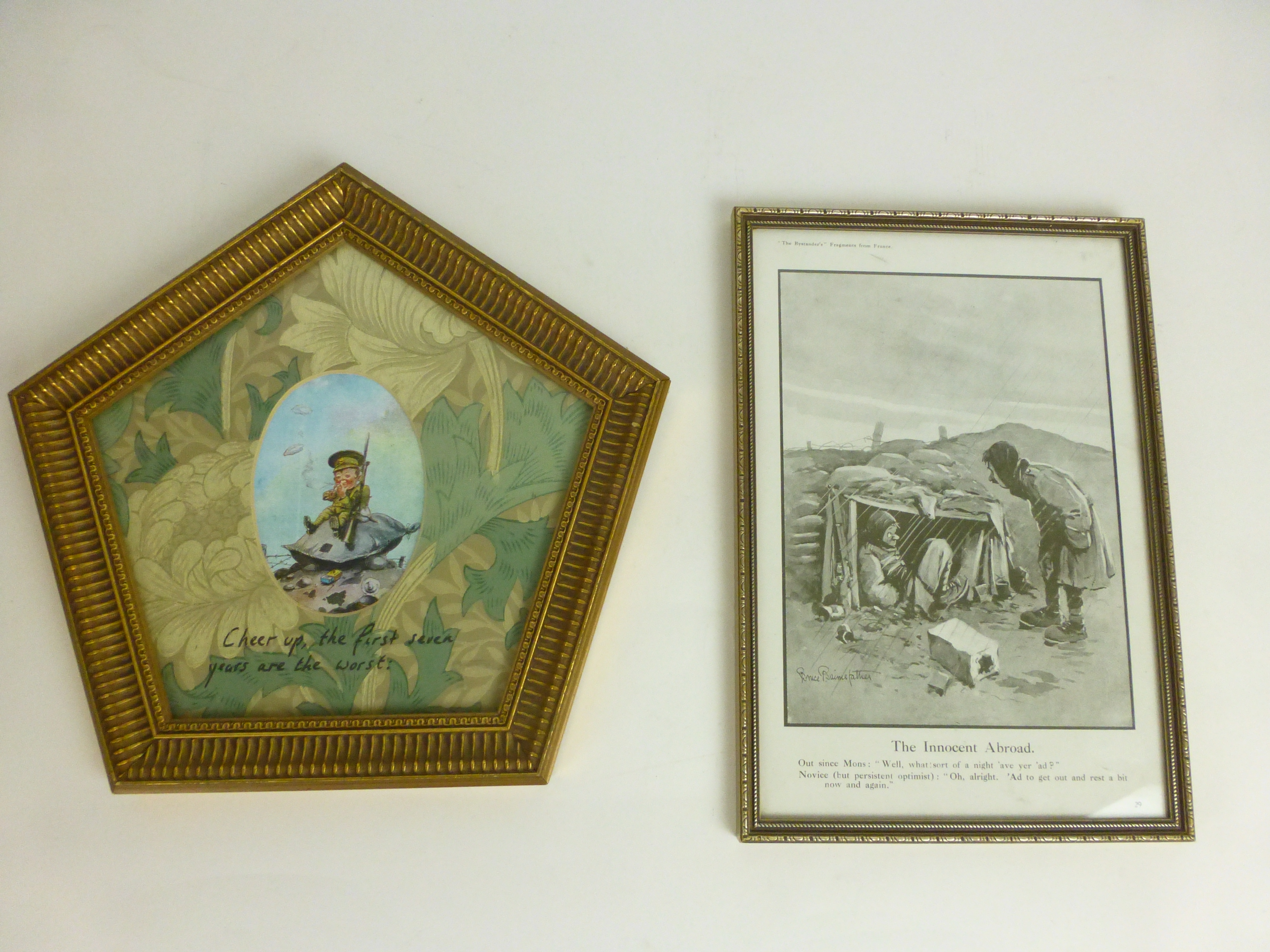 A framed and glazed Bruce Bairnsfather print titled 'The Innocent Abroad' together with another