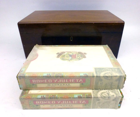 A mid 20th century walnut humidor along with two boxes of twenty five Romeo Y Julieta cigars. h. 14. - Image 2 of 11