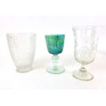 A Mdina green glass goblet marked to base 1943,