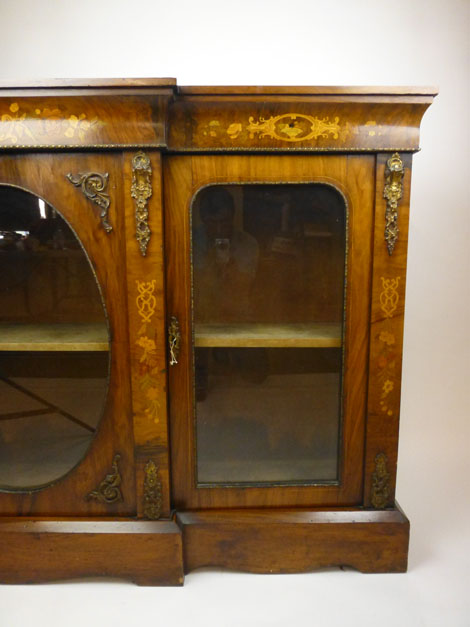 A Victorian walnut, marquetry, line inlaid and gilt brass mounted breakfront display cabinet, - Image 3 of 3