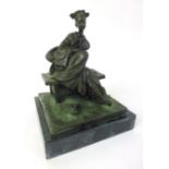 A modern bronze figure modeled as a seated Geisha, on a black slate base, h.