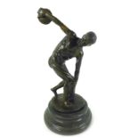 A modern bronze of a Greek Olympian discus thrower on a marble base, h.