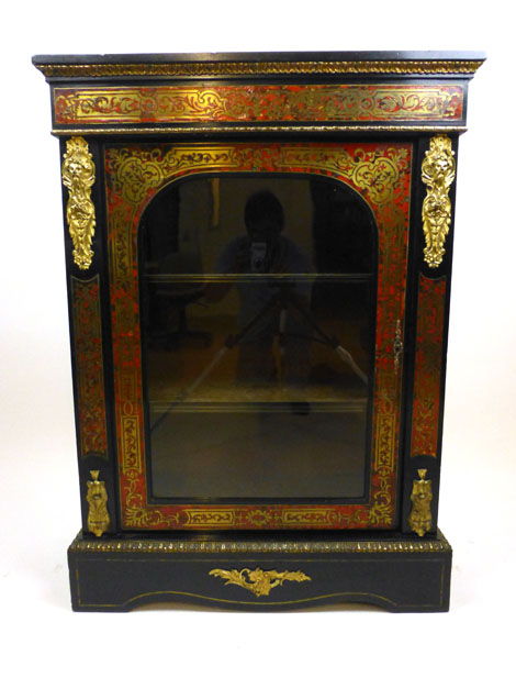 A 19th century French boulle work ebony and brass mounted vitrine/pier cabinet with single glazed - Image 2 of 3