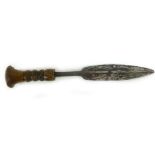 An African sword dagger, with double edged blade, carved wooden rope twist handle, blade l.