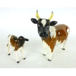 A Beswick ceramic figure modeled as an Ayrshire cow, together with matching calf, max h.