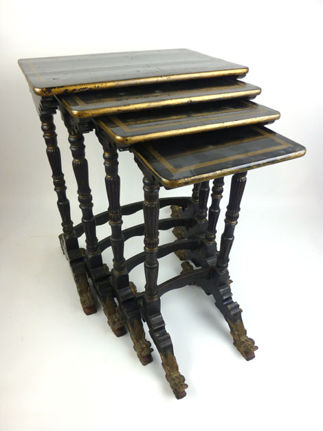 A 19th century Chinese black lacquered and parcel gilt quartetto nest of tables on turned reeded - Image 2 of 2