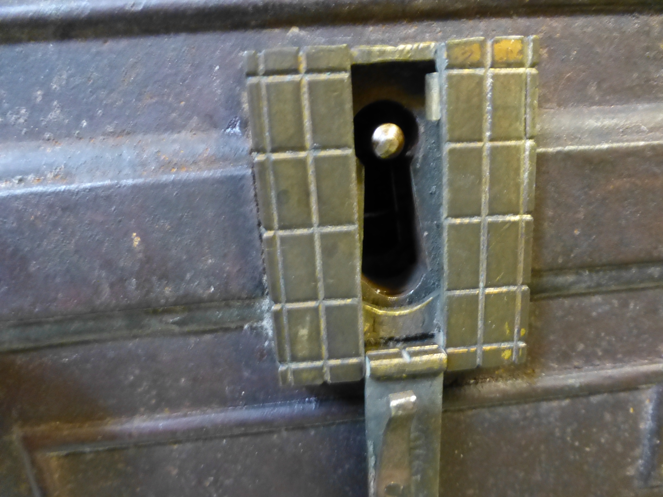 A 19th century cast iron safe on associated wooden base with hidden lock feature, safe h. 51 cm, w. - Image 5 of 6