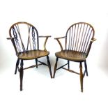 Two 19th century elm, beech and fruitwood Windsor armchairs, h. 87 cm, w. 55 cm, d.