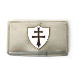 A French white metal engine turned snuff box, bearing a red cross of Lorraine in a white shield,