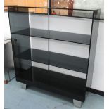 SMOKED GLASS OPEN SHELVES, with chrome detail, 121cm x 45cm x 140cm H.