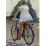 VIKTOR KOSHEVOI (Russian) 'Bicycle raid' 1961, oil on board 42cm H x 31.5cm, framed and signed.