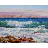 SERGEI MENYAYEV (Russian) 'Breaking waves' oil on canvas, 38cm x 48cm, framed, signed.