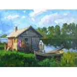 SERGEI MENYAYEV (Russian) 'Washing Day', oil on canvas, 32cm x 47cm.