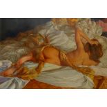 NIKOLAYI LEYKIN (Russian) 'Gold and White', oil on canvas, 58.4cm x 89cm, framed.