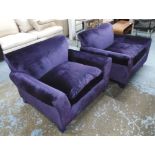 ARMCHAIRS, a pair, in purple upholstery on ebonised square supports, 113cm W.