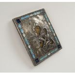 TRAVELLING ICON, Russian with hallmarked silver & coloured enamel oklad,