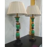 TABLE LAMPS, a pair, Classical style, in green gilt and black with shades, 64cm H.