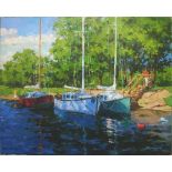 SERGEI MENYAYEV (Russian) 'Boat Station', oil on canvas, 35cm x 45cm.