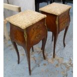 TABLES DE NUIT, a pair, Louis XV style, tulipwood, each with quartered veneers, marble tops,