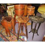 JARDINERES, three various, Arts & Crafts examples, largest 91cm H x 36cm W, an oak hexagonal stand,