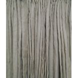 CURTAINS, three pairs, Hessian style in a natural colour, lined with dark brown trim,