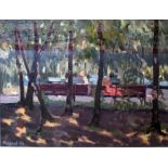 BORIS FAENKOV (Russian 1920-2005), 'In the park' 1960 oil on board, 23cm x 23cm,