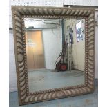 WALL MIRROR, distressed effect grey painted, with rectangular gadrooned frame, 137cm x 122cm.