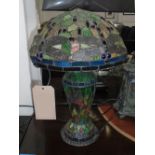 TIFFANY STYLE LAMP, having dragonfly stained glass in lead mounts, 45cm H.